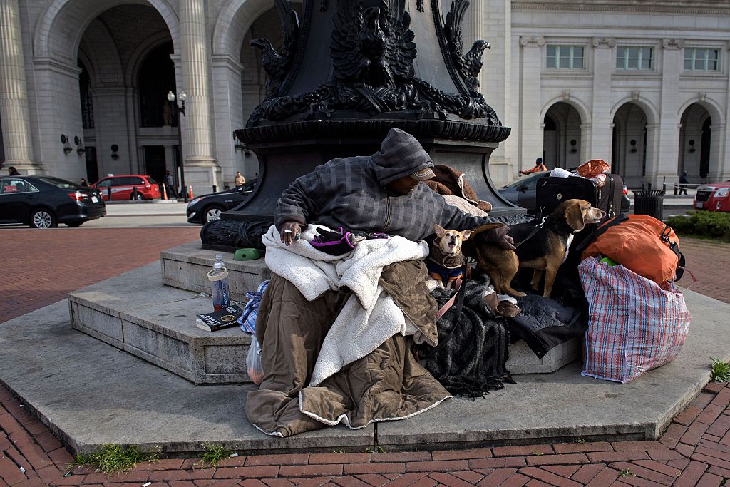 A woman sits with her dogs outside Union Station March 22, 2016 in Washington, DC (BRENDAN SMIALOWSKI/AFP via Getty Images)