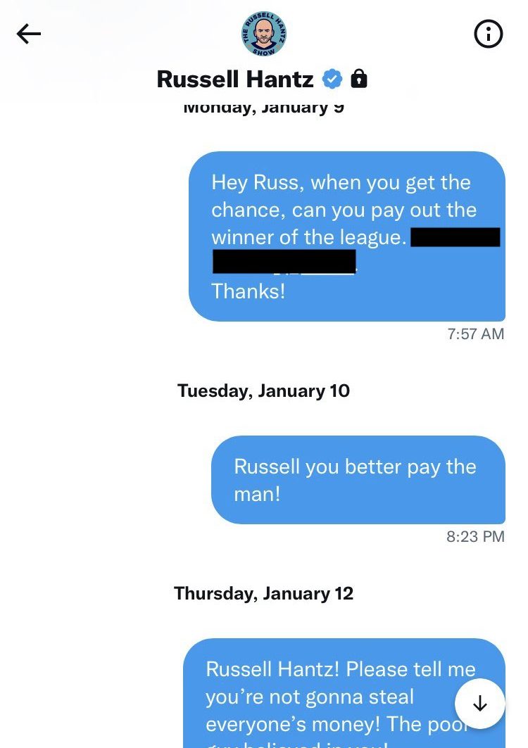 Twitter DMs between Zachary Raul Picker and Russell Hantz 