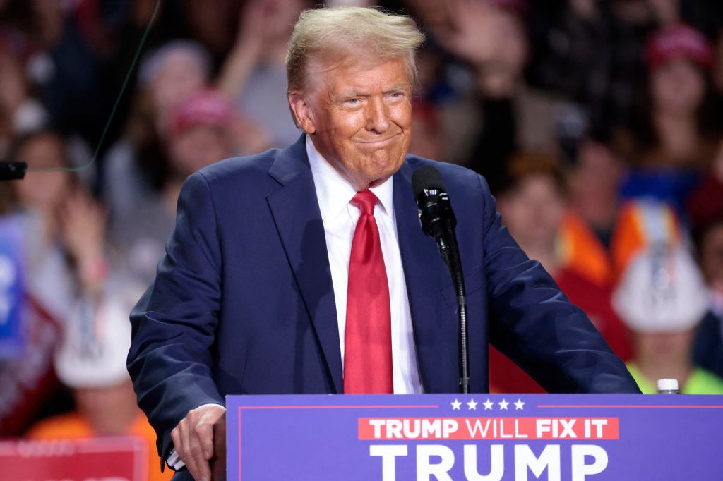 Former US President and Republican presidential candidate Donald Trump speaks during his final campaign rally at Van Andel Arena in Grand Rapids, Michigan in the early hours of November 5, 2024. (Photo by JEFF KOWALSKY / AFP) (Photo by JEFF KOWALSKY/AFP via Getty Images)